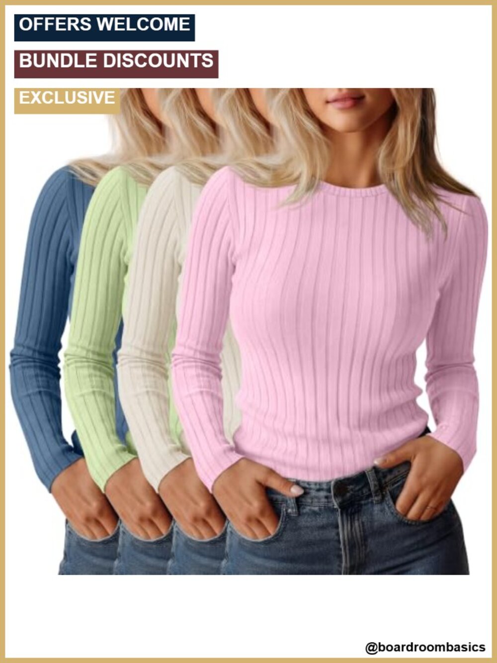 4 Pack Women's Ribbed Long Sleeve Tops Crew Neck Slim Fit Cotton Spandex